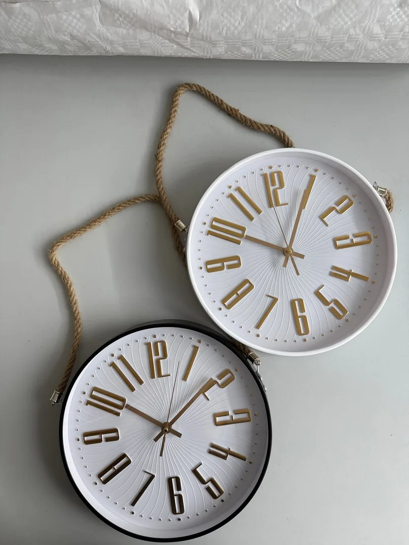 Wanduhr rund 29 cm 3D-Ziffern Gold mit Jute-Seil Wohnzimmer Küche Deko