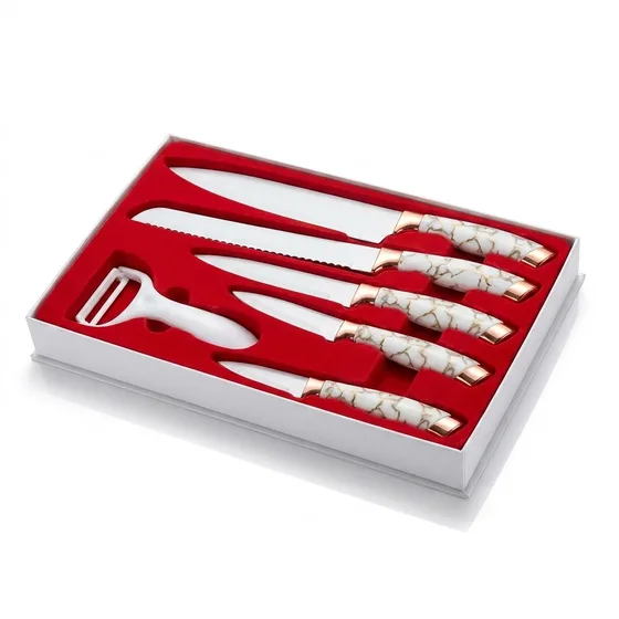 Messerset Küchenmesser Marmor-Optik Weiß Gold mit Sparschäler in Geschenkbox