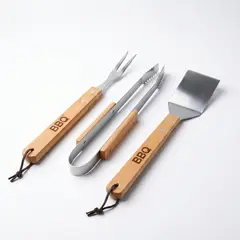 Foto 1 von Grillbesteck 3-teilig Edelstahl Holzgriffe Zange Gabel Wender BBQ Set