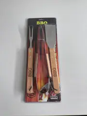 Foto 2 von Grillbesteck 3-teilig Edelstahl Holzgriffe Zange Gabel Wender BBQ Set