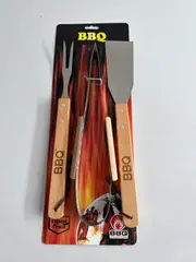 Foto 3 von Grillbesteck 3-teilig Edelstahl Holzgriffe Zange Gabel Wender BBQ Set