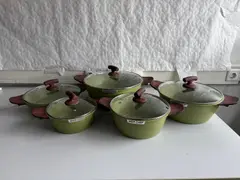 Foto 6 von Topfset 10-teilig Antihaft Granit-Optik Grün 5 Töpfe mit Glasdeckel Holz-Optik