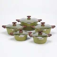 Foto 18 von Topfset 10-teilig Antihaft Granit-Optik Grün 5 Töpfe mit Glasdeckel Holz-Optik