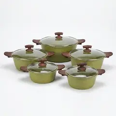 Foto 22 von Topfset 10-teilig Antihaft Granit-Optik Grün 5 Töpfe mit Glasdeckel Holz-Optik